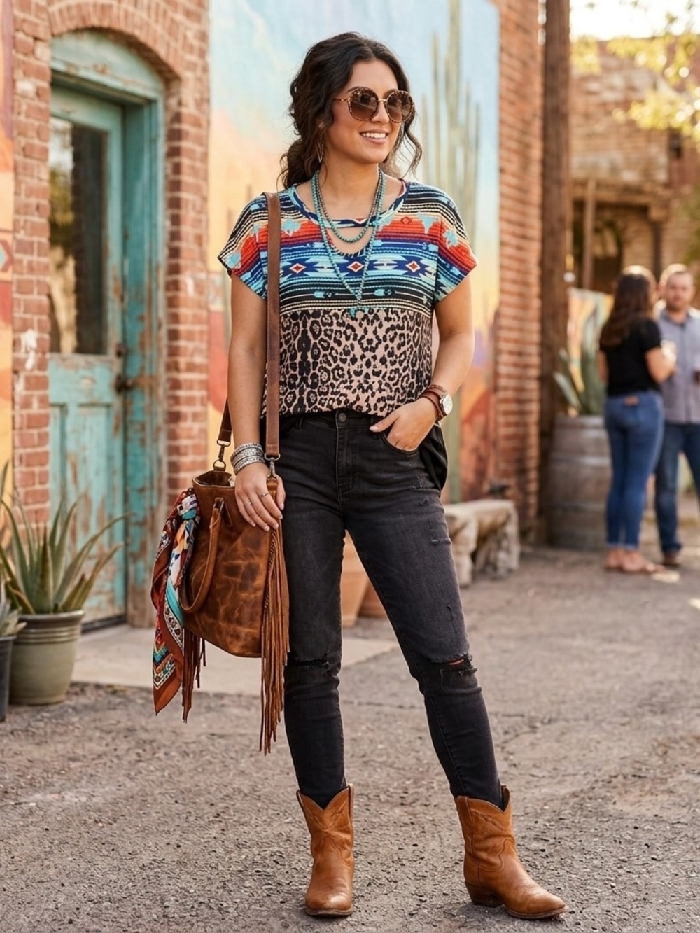 Southern Stitch Mixed Print Short Sleeve Top